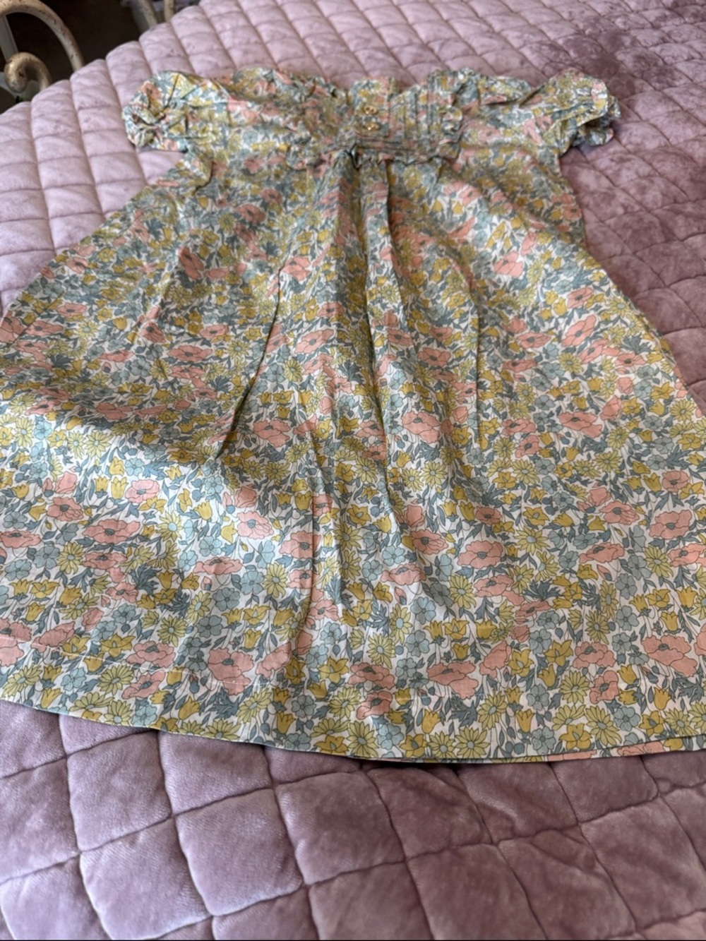 Marie Chantal Floral Smocked Cotton Dress in Pink, Yellow & Green